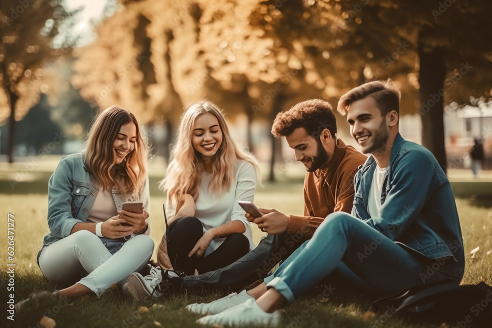 Generative AI : Three happy friends using multiple devices sitting on the grass in a park Generative AI : Three happy friends using multiple devices sitting on the grass in a park