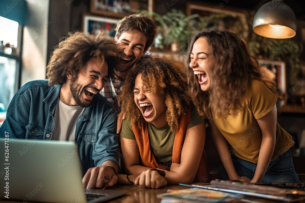 Generative AI : Three happy friends watching media content on a laptop sitting in a bar Generative AI : Three happy friends watching media content on a laptop sitting in a bar