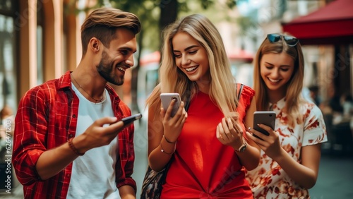 Generative AI : Three happy friends checking smart phone content standing outside on the street