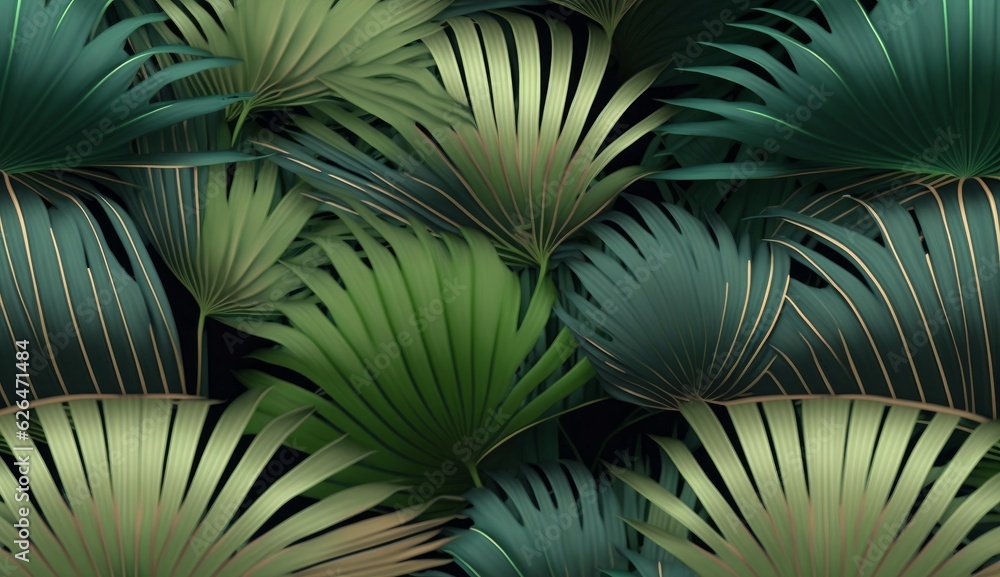 Fototapeta premium Tropical background with green textured palm leaves, foliage. Seamless pattern. Hand-drawn premium vintage 3d illustration. Luxury wallpapers, fabric printing, mural, cloth, poster, Generative AI