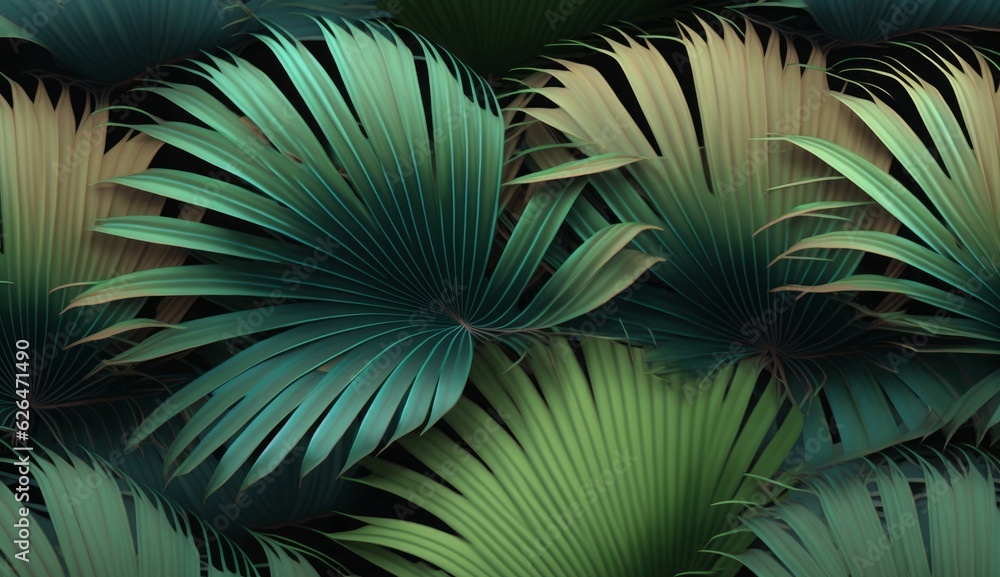 Fototapeta premium Tropical background with green textured palm leaves, foliage. Seamless pattern. Hand-drawn premium vintage 3d illustration. Luxury wallpapers, fabric printing, mural, cloth, poster, Generative AI