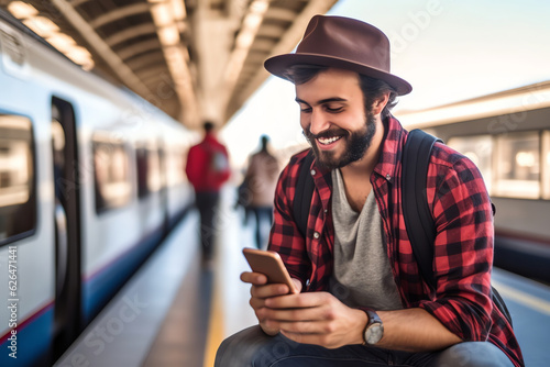 Generative AI : Tourists travelers consulting gps and guide from a smart phone in a train station