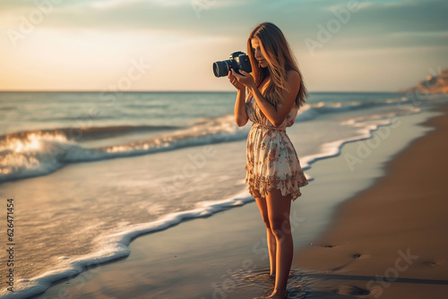 Generative AI : Traveler tourist girl taking photo of a sunset on the beach in vacations with a vintage slr camera