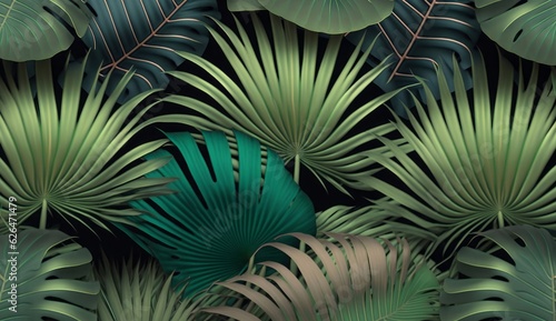 Tropical background with green textured palm leaves, foliage. Seamless pattern. Hand-drawn premium vintage 3d illustration. Luxury wallpapers, fabric printing, mural, cloth, poster, Generative AI