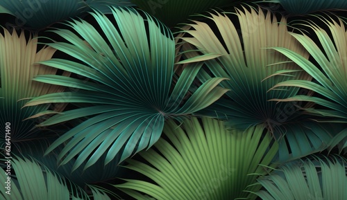 Tropical background with green textured palm leaves, foliage. Seamless pattern. Hand-drawn premium vintage 3d illustration. Luxury wallpapers, fabric printing, mural, cloth, poster, Generative AI