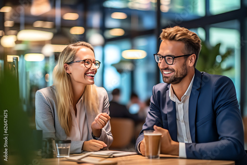 Generative AI : Two happy executives meeting in a restaurant and having a business conversation © AI Images