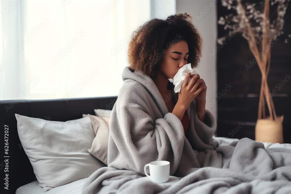 Generative AI : Woman coughing covering mouth with a tissue and holding a pill sitting on a sofa in a house interior Generative AI : Woman coughing covering mouth with a tissue and holding a pill sitting on a sofa in a house interior