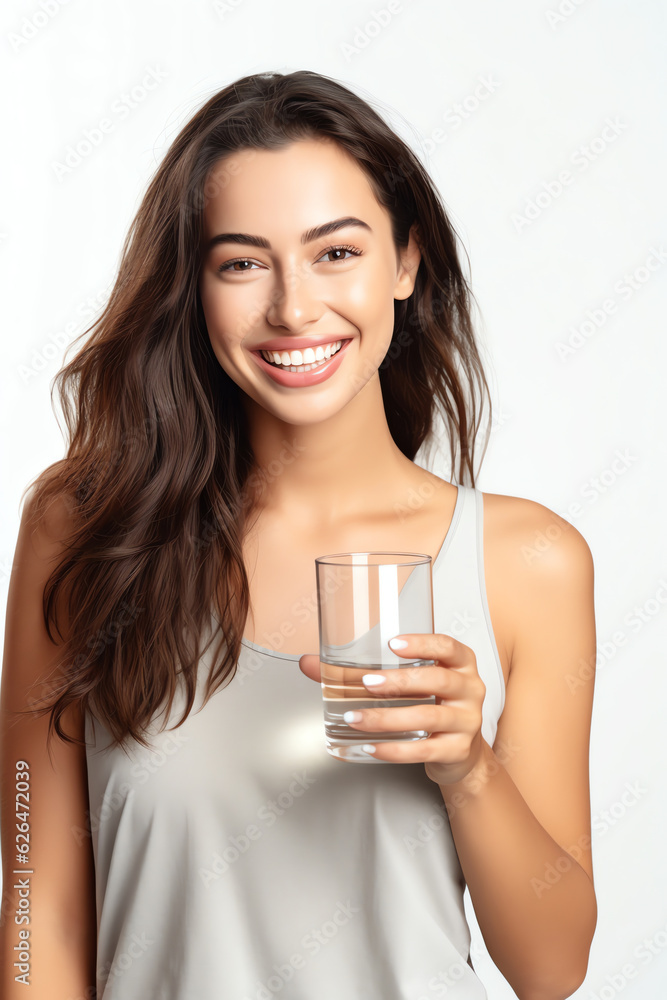Generative AI : Woman drinking water from a glass on a white isolated background Generative AI : Woman drinking water from a glass on a white isolated background