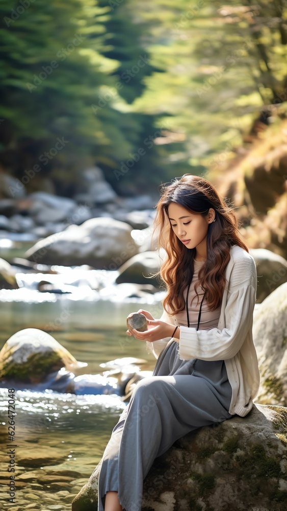 Generative AI : Woman holding canteen breathing fresh air in a riverside in the mountain Generative AI : Woman holding canteen breathing fresh air in a riverside in the mountain