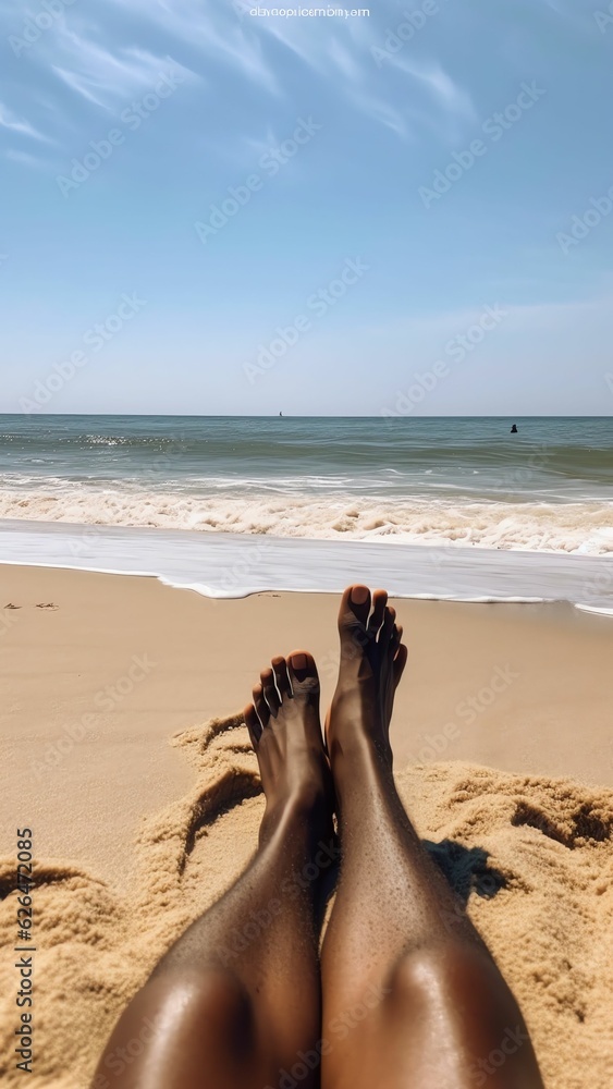 Generative AI : Woman legs sunbathing on the beach with the horizon in ...