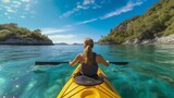 Generative AI : Woman in a kayak searching protecting from sun with hand on summer vacation
