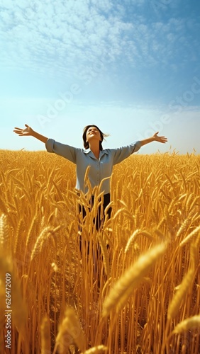Generative AI : Woman breathing fresh air sitting in a golden wheat field