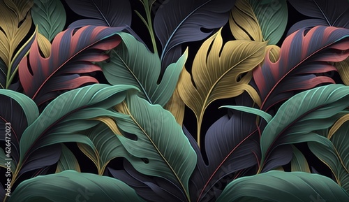 Colorful tropical leaves, jungle. Seamless pattern, luxury mural, wallpapers. Exotic vintage 3d digital illustration, dark watercolor background. Modern printable art, fabric, tapestry, Generative AI