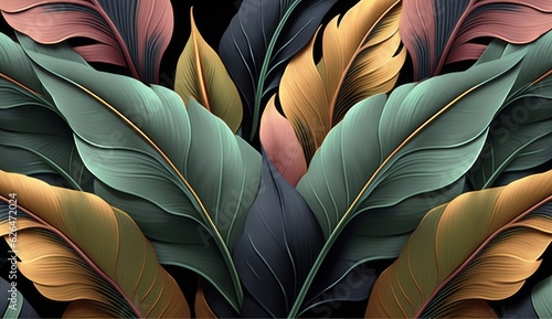 Colorful tropical leaves, jungle. Seamless pattern, luxury mural, wallpapers. Exotic vintage 3d digital illustration, dark watercolor background. Modern printable art, fabric, tapestry, Generative AI