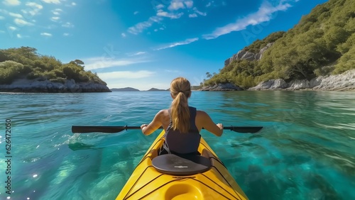 Generative AI : Woman in a kayak searching protecting from sun with hand on summer vacation © AI Images