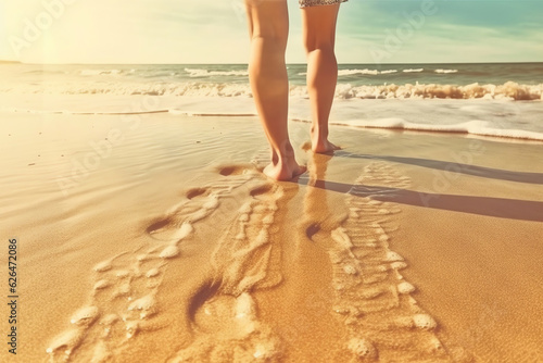 Generative AI : Woman legs and feet walking on the sand of the beach with the sea water in the background