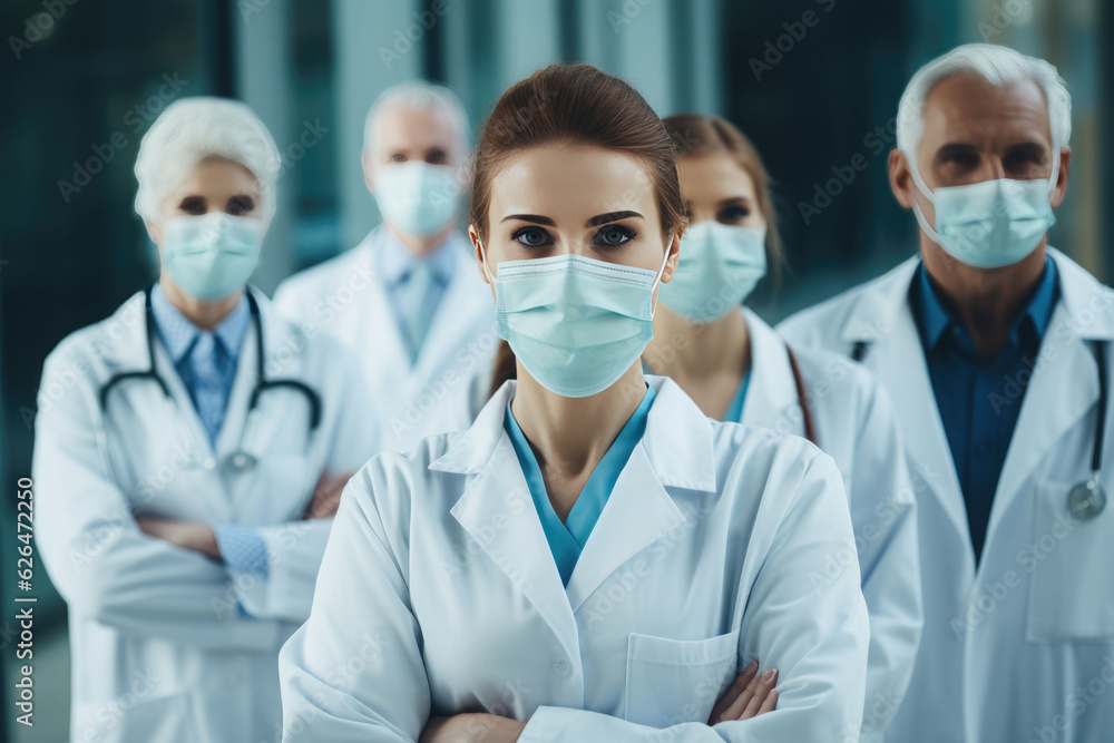 The team of doctors wearing masks and crossing their arms ready to work. The team of doctors wearing masks and crossing their arms ready to work.