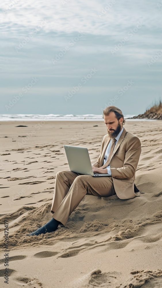 Generative AI : Worried man reading bad news online in a laptop on vacation on the beach