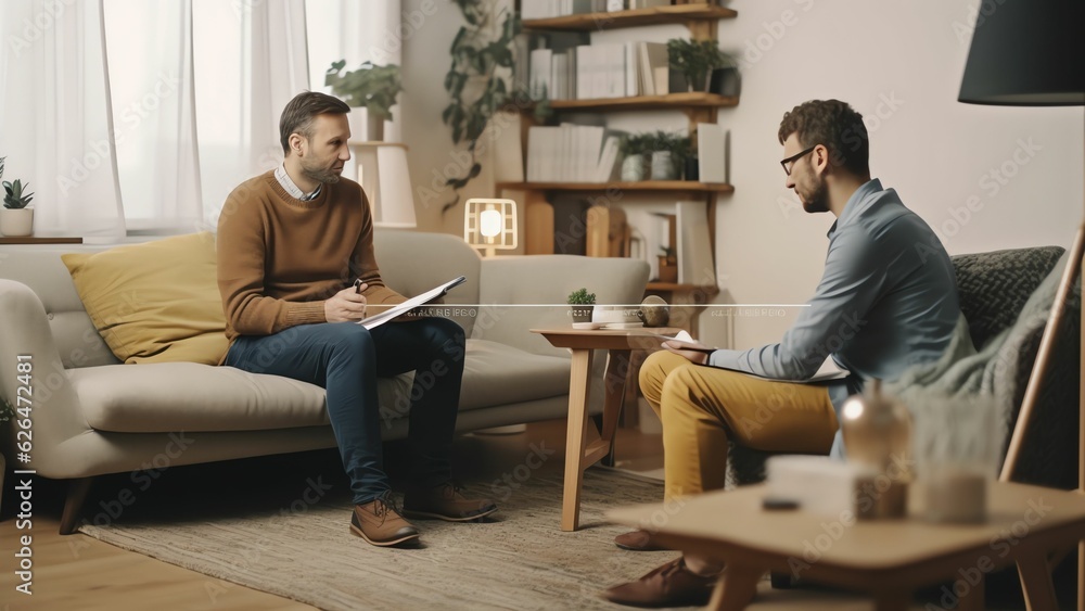 Generative AI : Worried man calling doctor on phone asking about medicines information sitting on a couch at home Generative AI : Worried man calling doctor on phone asking about medicines information sitting on a couch at home