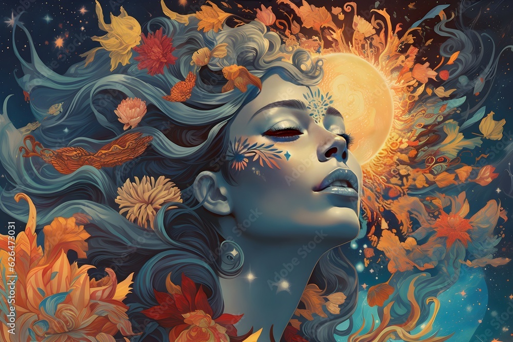 enigmatic reverie: psychedelic portrait of a mystical woman amidst moons, suns, and mountains