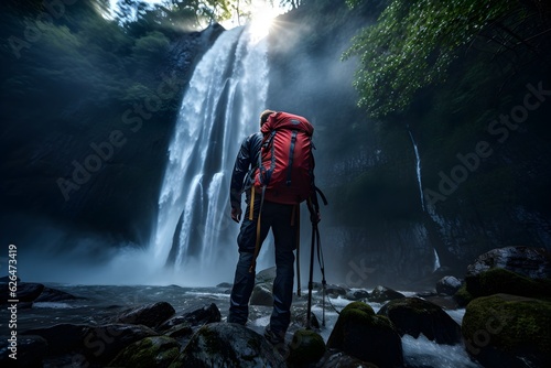 Discovering Hidden Serenity: Hiker's Journey to a Summer Waterfall Amidst Breathtaking Wilderness - AI Art