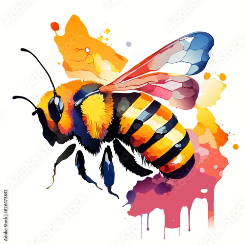 Bee with colorful splashes on a white background. Vector illustration.
