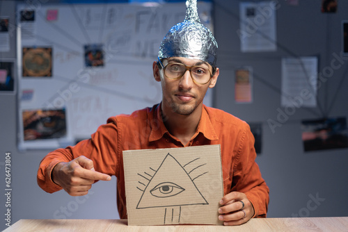 Fotografía Strange man in a foil hat with masonic symbol All-seeing eye of God