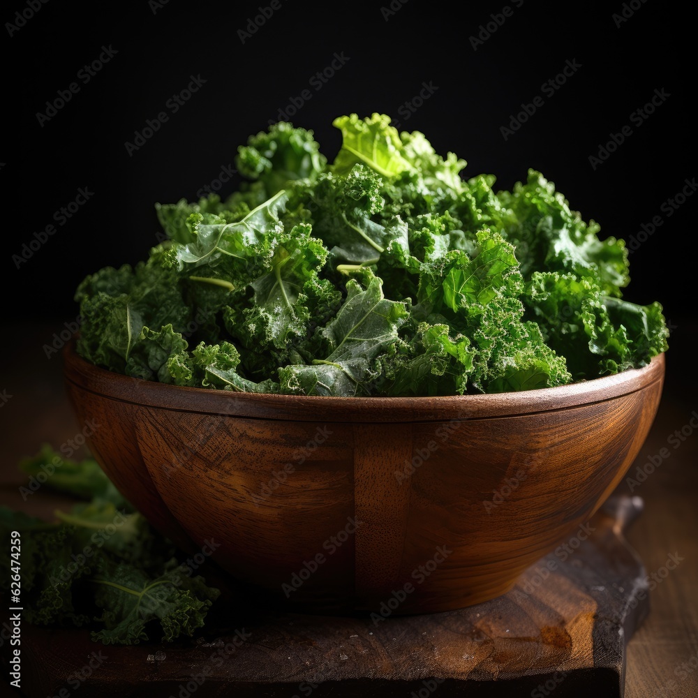 A wooden bowl of chopped kale. A wooden bowl of chopped kale.