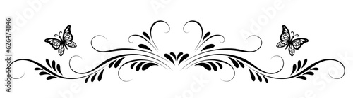Vintage symmetrical floral ornament with butterflies for greeting card isolated on white