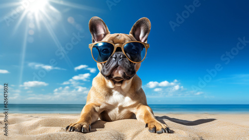 Cute French Bulldog wearing sunglasses sitting on the beach © Infinindy
