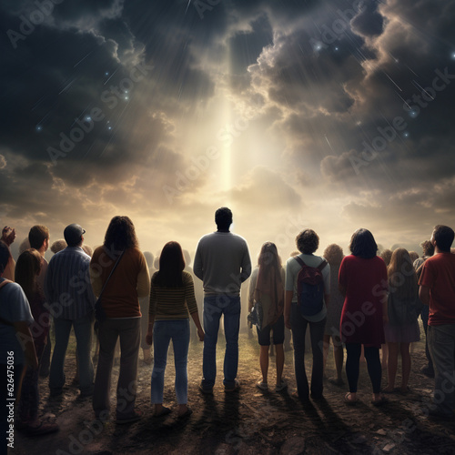 a high-definition, ultra-realistic image. The scene should display a large, diverse group of people from all genders. They are seen from behind, their heads turned upwards, all gazing at the sky. Obje