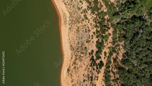Lake affected by drought and lack of rain in central Spain, bird's eye view. photo