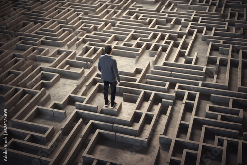 Man walking into big labyrinth. Finding solution concept, generative AI	
