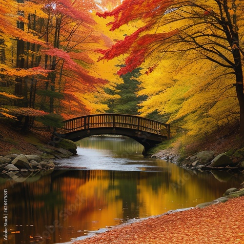 Autumn nature landscape. Lake bridge in fall forest. Path way in gold woods. Romantic view image scene. Magic misty sunset pond. Red color tree leaf park