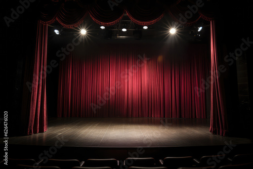 Theater stage with red curtains are opening with spotlight performance lights showing, generative AI	
