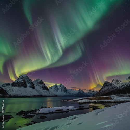 Green and purple aurora borealis over snowy mountains. Northern lights in Lofoten islands, Norway. Starry sky with polar lights