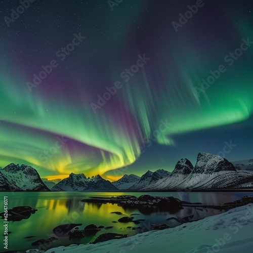 Green and purple aurora borealis over snowy mountains. Northern lights in Lofoten islands  Norway. Starry sky with polar lights