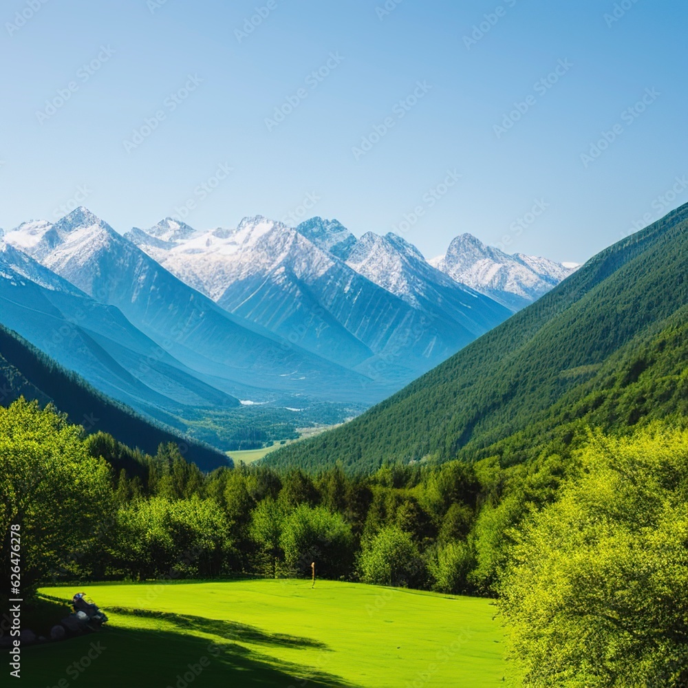 table background of free space for your decoration and blurred landscape of mountains.Blue sky with sun light and green small leaves