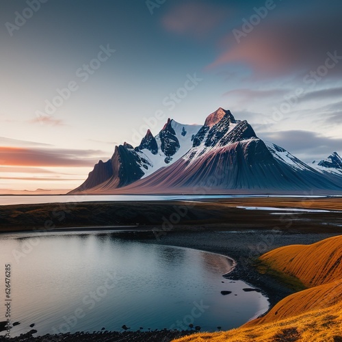 Vestrahorn mountaine on Stokksnes cape in Iceland during sunset. Amazing Iceland nature seascape. popular tourist attraction. Best famouse travel locations. Scenic Image of Iceland photo