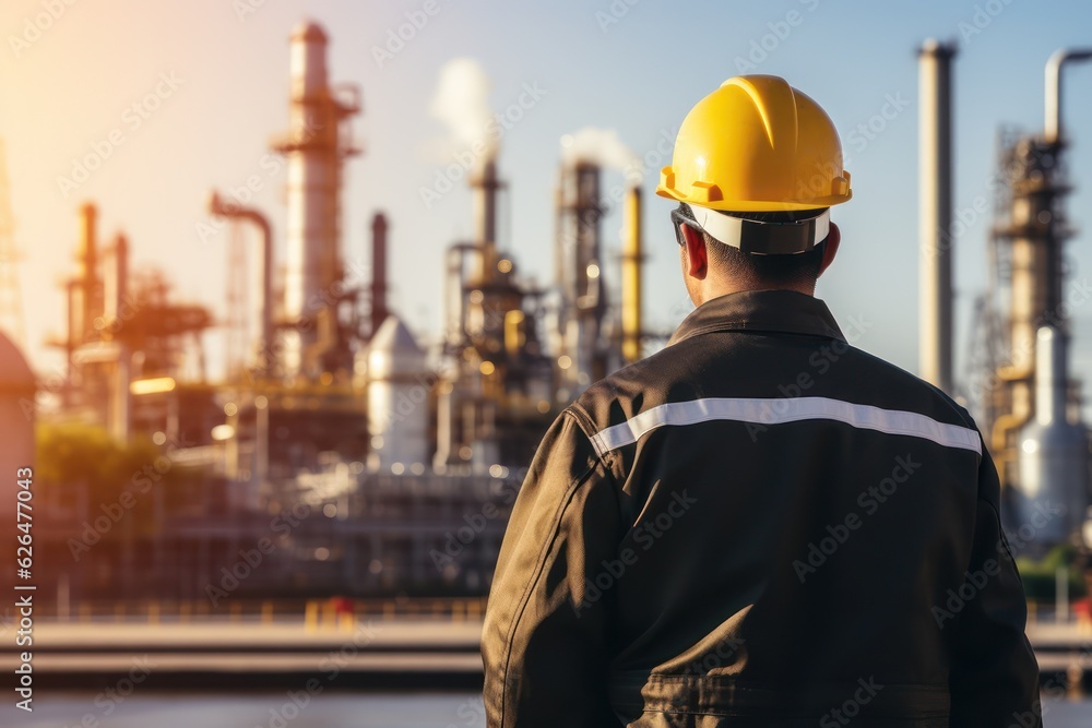 At back of the Workers engineer in Oil and gas industrial, Oil refinery plant from industry, Refinery Oil storage tank and pipe line steel. Non-existent person. Generative Ai At back of the Workers engineer in Oil and gas industrial, Oil refinery plant from industry, Refinery Oil storage tank and pipe line steel. Non-existent person. Generative Ai