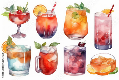 Watercolor illustration of drinks and cocktails collection on white background, generative AI 