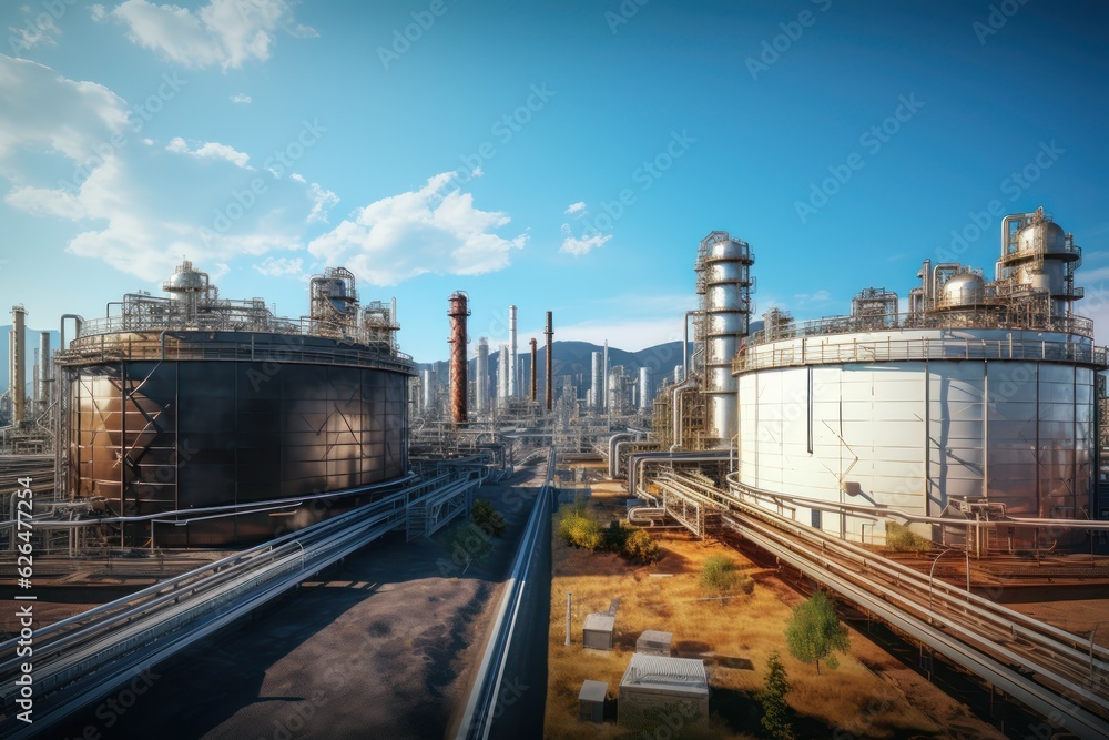 Fototapeta premium Oil and gas industrial, Oil refinery plant from industry, Refinery Oil storage tank and pipe line steel.
