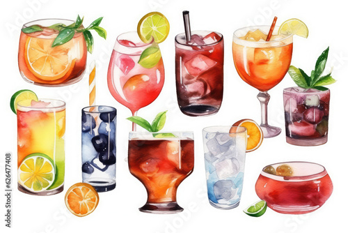 Watercolor illustration of drinks and cocktails collection on white background, generative AI 