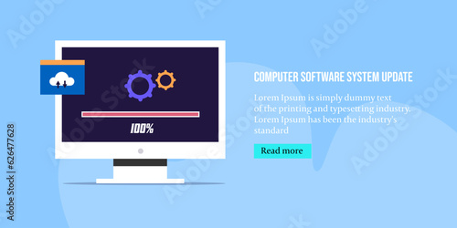 Computer system update, loading progress bar with gear icon, installing software on desktop pc, information technology engineering concept, vector illustration. 