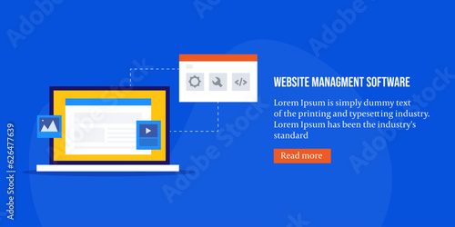 Website content management blog software admin panel backend interface update data menu settings system web application on laptop screen vector illustration banner template.
