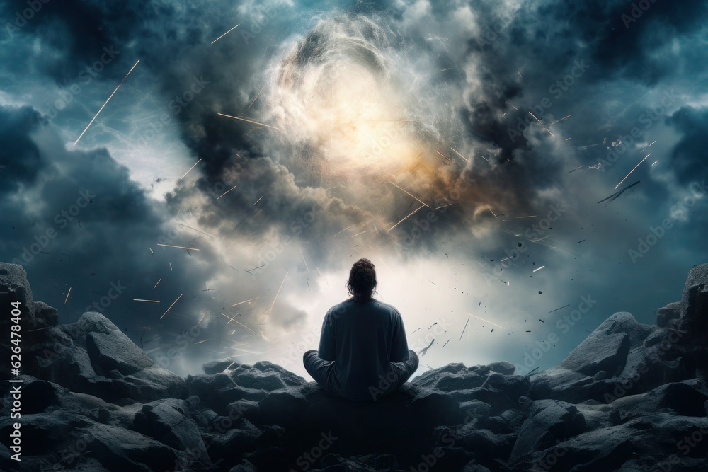 Mental Health: A person meditating with a chaotic, stormy background, showing the concept of finding peace amidst chaos and emphasizing mental health. 