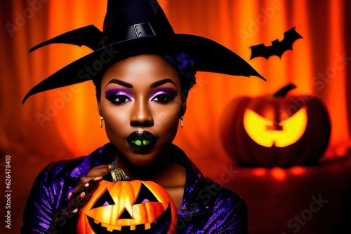 halloween Portrait of African witch model with carnival makeup, green lipstick and pumpkin