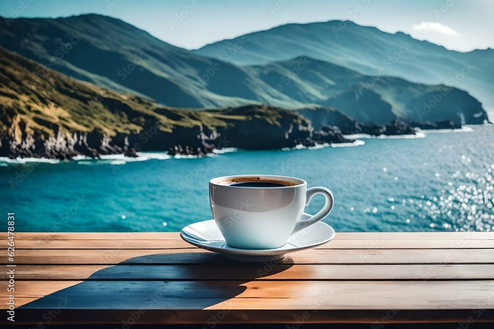 A cup of coffee on table with sea at the background generated by AI tool A cup of coffee on table with sea at the background generated by AI tool