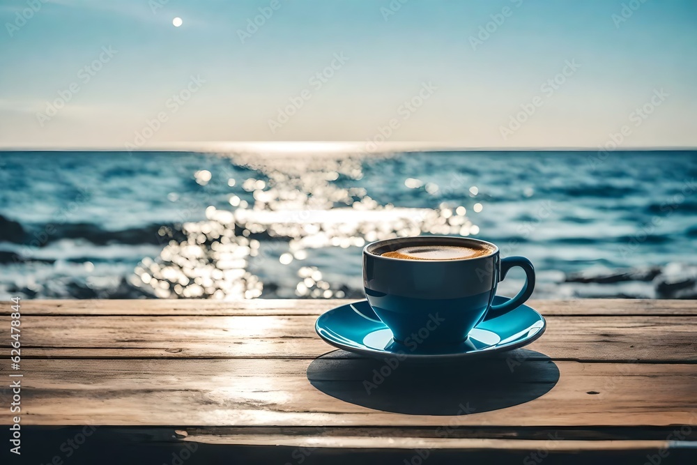 A cup of coffee on table with sea at the background generated by AI tool