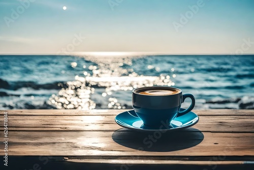 A cup of coffee on table with sea at the background generated by AI tool